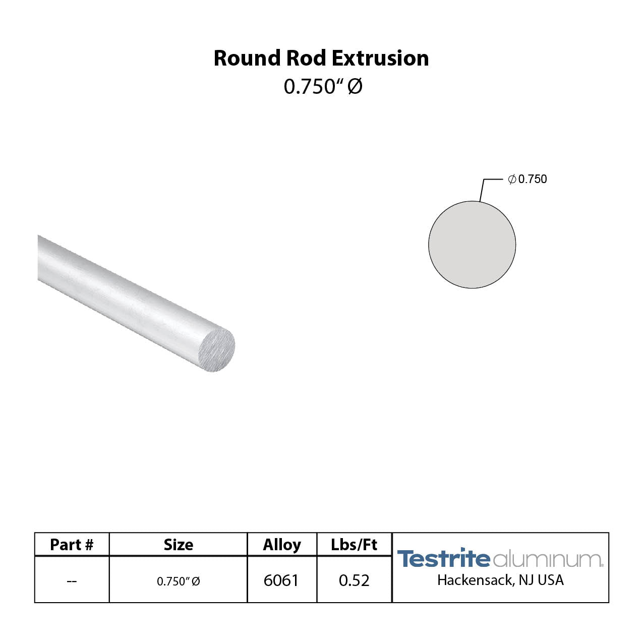 3/4” Round aluminum rods .750” diameter, 6061 – Testrite Aluminum